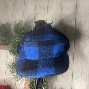 DEBORAH RHODES VINTAGE BRIM BLUE/BLK PLAID HAT WOOL WITH BLACK TIE